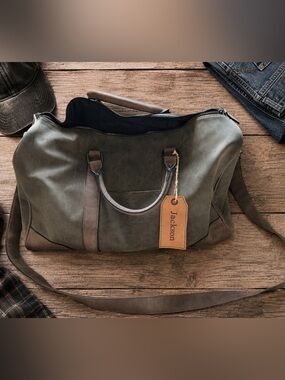 JACKSON Olive Canvas Duffel with Brown Leather Trim